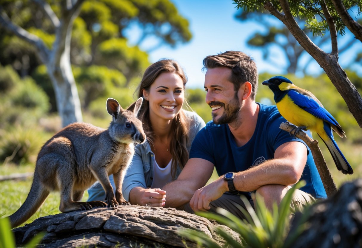 A couple smiling and interacting with native New Zealand wildlife in a lush green outdoor setting at Staglands Wildlife Reserve.
