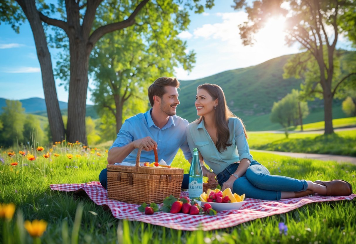 A couple enjoying a picnic on a blanket in a green park surrounded by trees and hills on a sunny day.