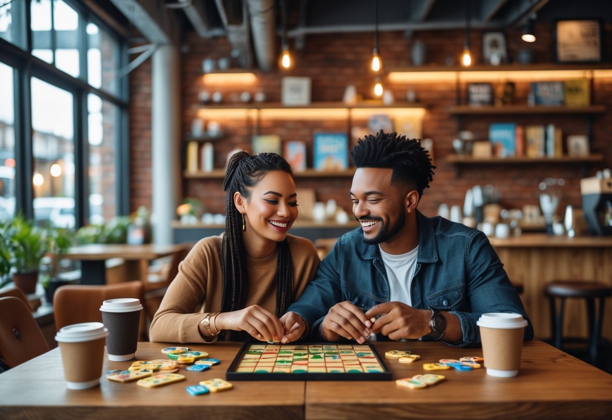 A couple playing board games together at a wooden table inside a cozy cafe.