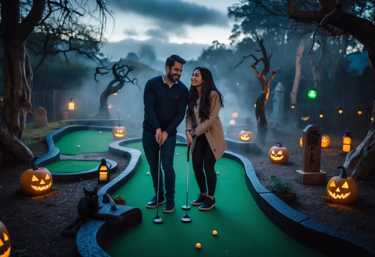 A couple playing mini golf on a spooky course decorated with pumpkins, tombstones, and lanterns during twilight.