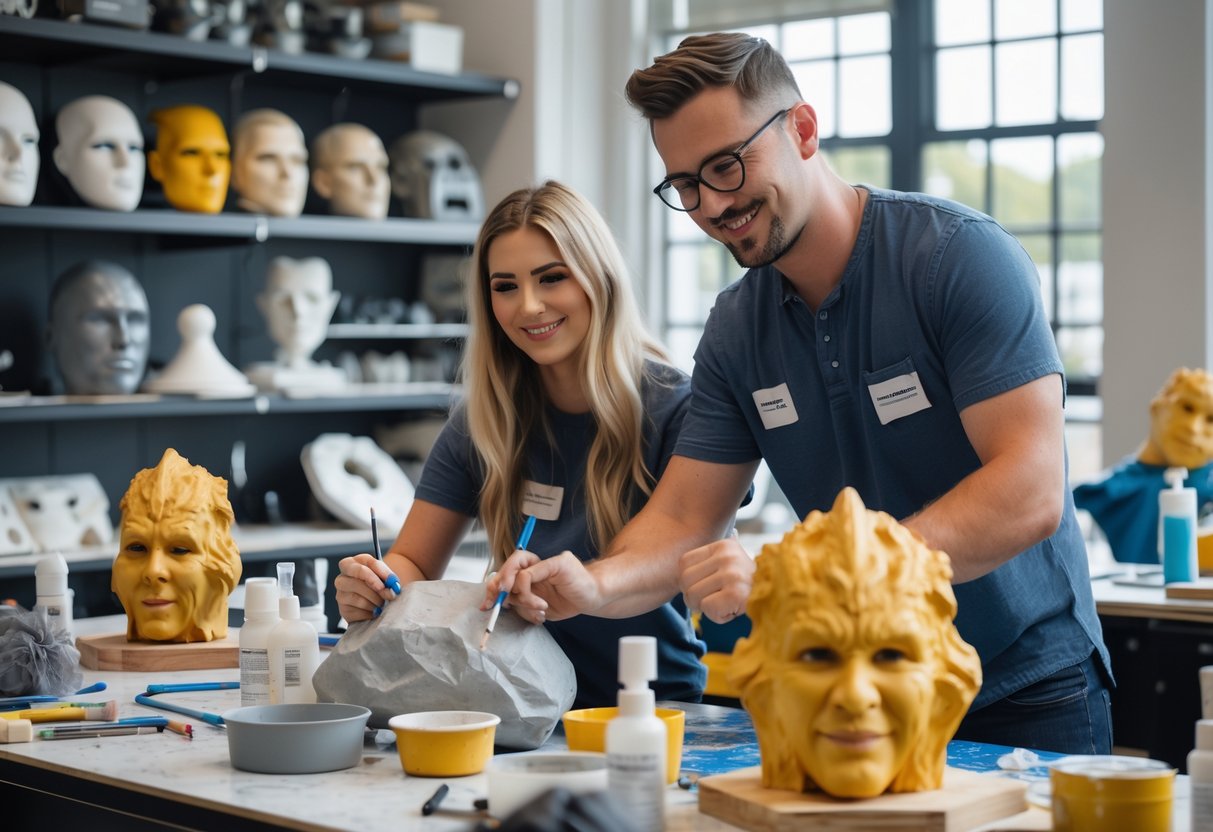 A couple working together on special effects props in a workshop filled with artistic materials and movie models.