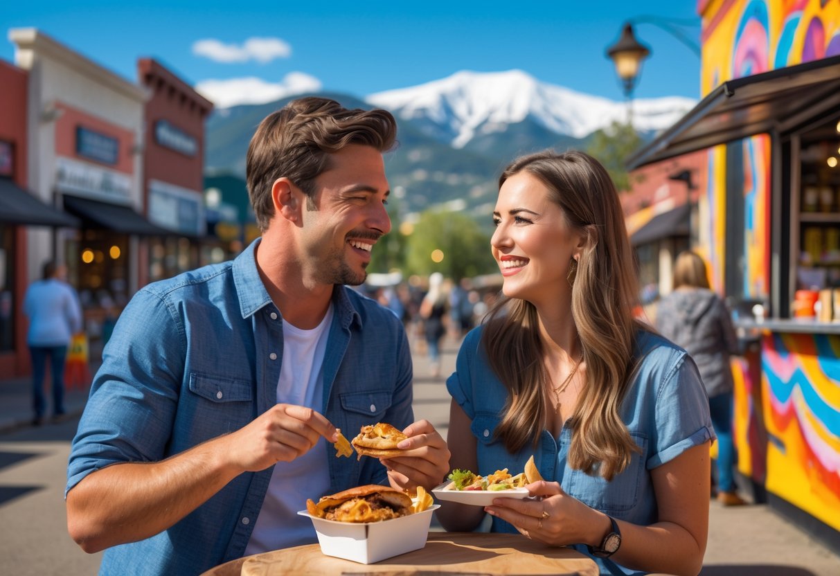 A young couple enjoying a sunny outdoor date at a local market with colorful shops and mountains in the background.