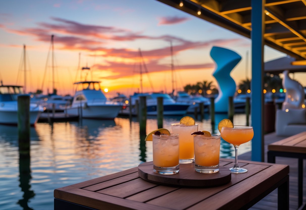 Outdoor table with cocktails overlooking boats at a marina during sunset.