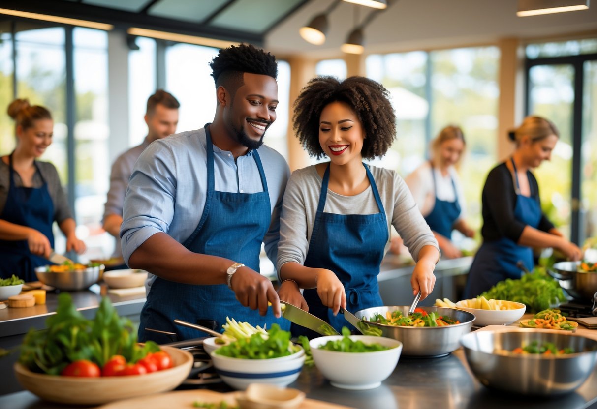 A couple cooking together in a bright kitchen during a cooking class, smiling and preparing food.