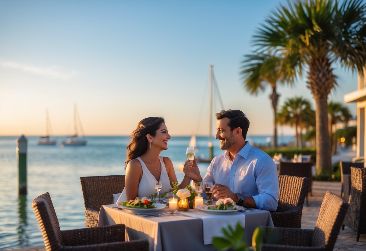 A couple enjoying a romantic outdoor dinner by the ocean with palm trees and sailboats in the background.