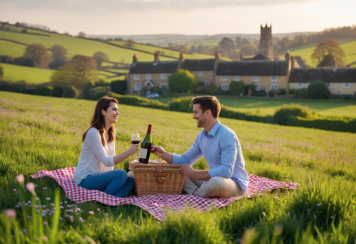 A couple enjoying a picnic on a grassy meadow with rolling hills and a village in the background during sunset.