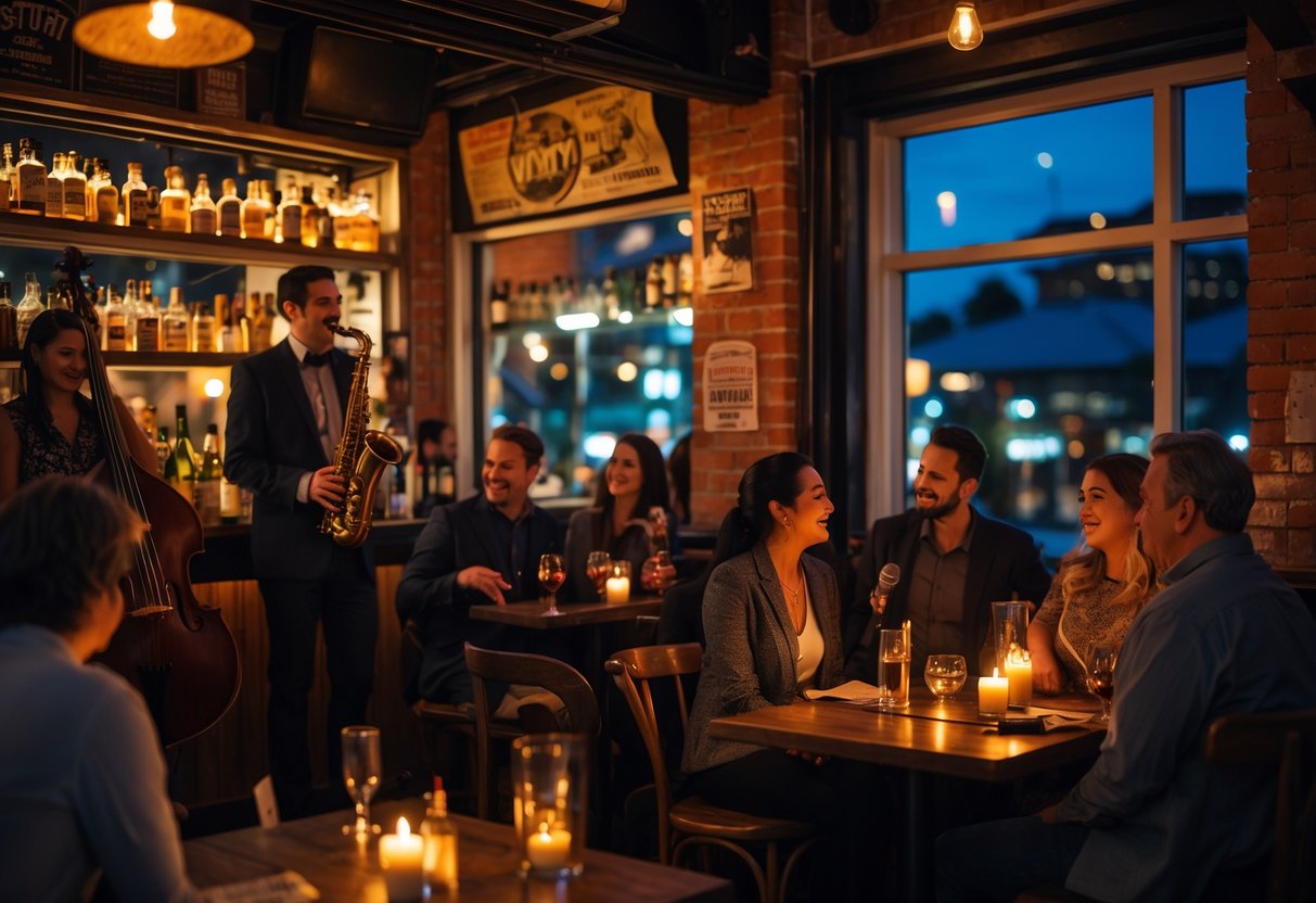 Couples and friends enjoying live jazz music at a cozy local bar with a small band performing on stage.