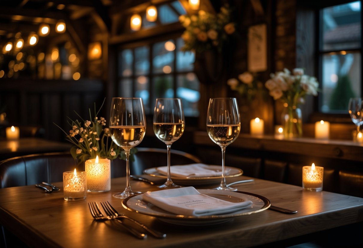 A candlelit dinner table set for two with wine glasses and candles in a cozy restaurant interior.