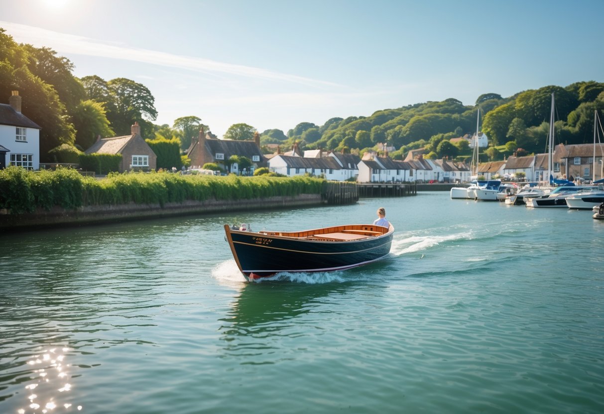 A small wooden boat on calm water at Bosham Harbour with greenery and cottages along the shore under a bright sky.