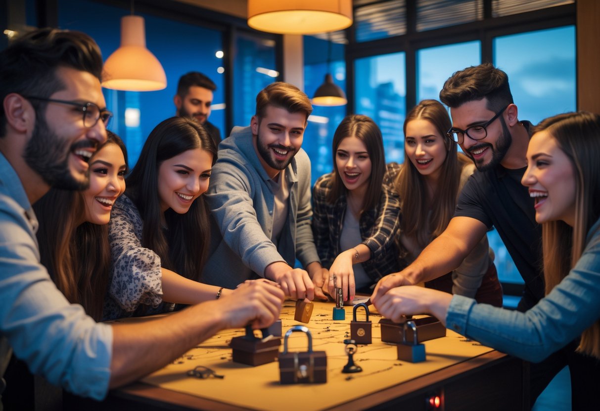 A group of young adults working together to solve puzzles in an escape room with a city view in the background.
