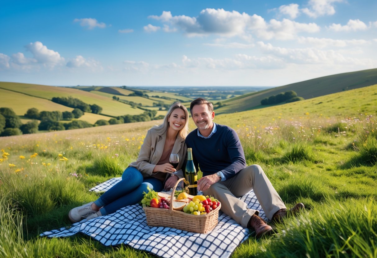 A couple enjoying a picnic on a blanket atop grassy rolling hills with wildflowers and a clear blue sky in the background.