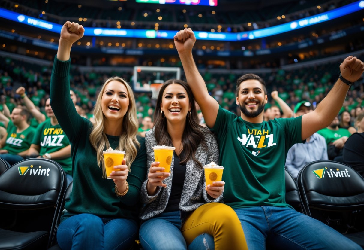 A couple cheering at a Utah Jazz basketball game inside Vivint Arena with players and fans in the background.