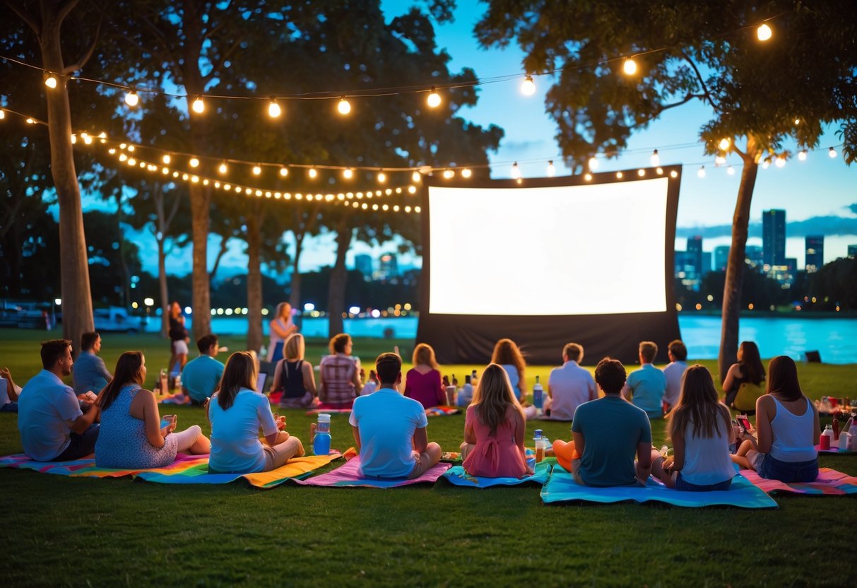 People watching an outdoor movie on a screen in a park during a summer evening.