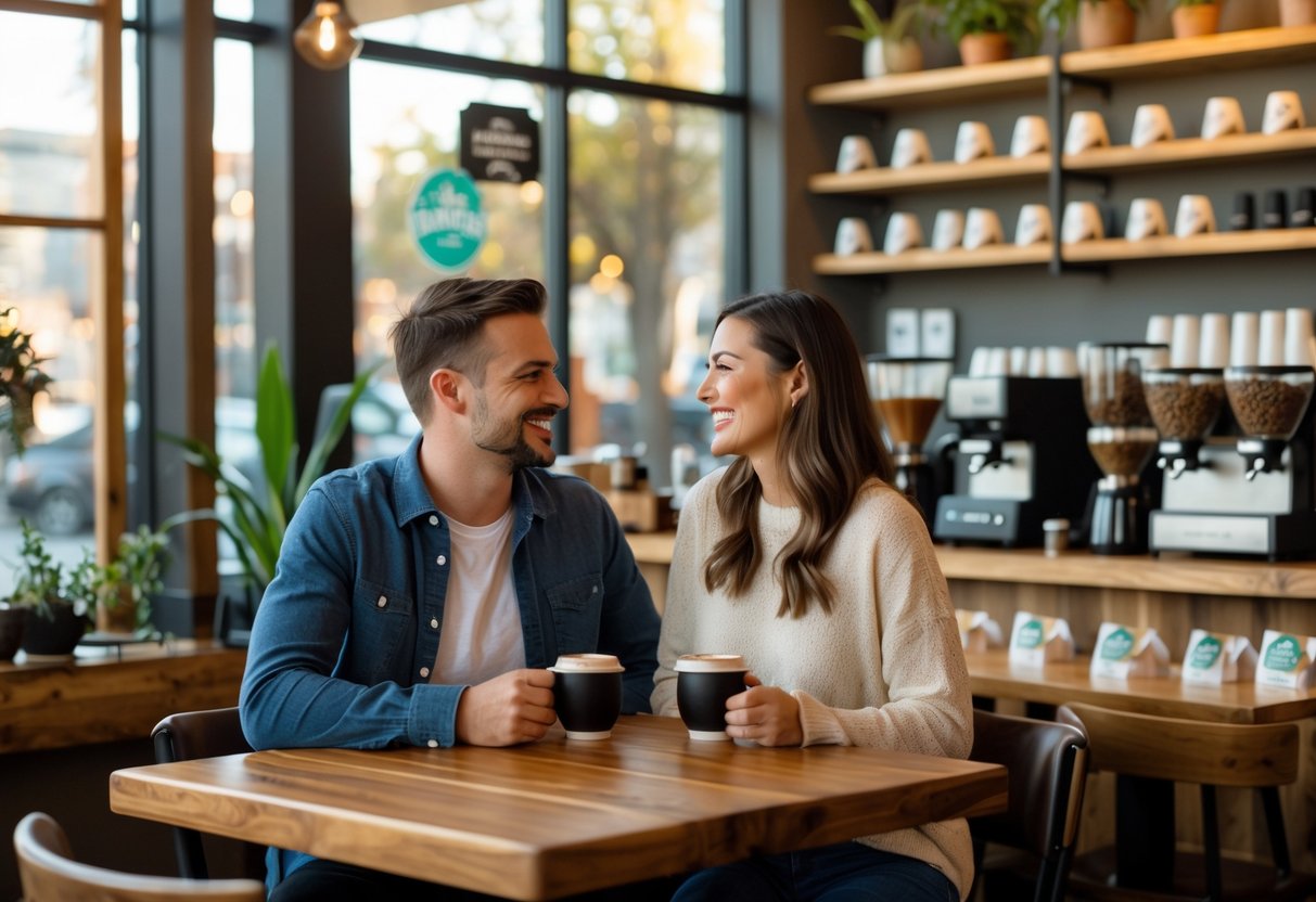 A couple enjoying coffee together at a wooden table inside a cozy coffee shop with natural light and warm decor.