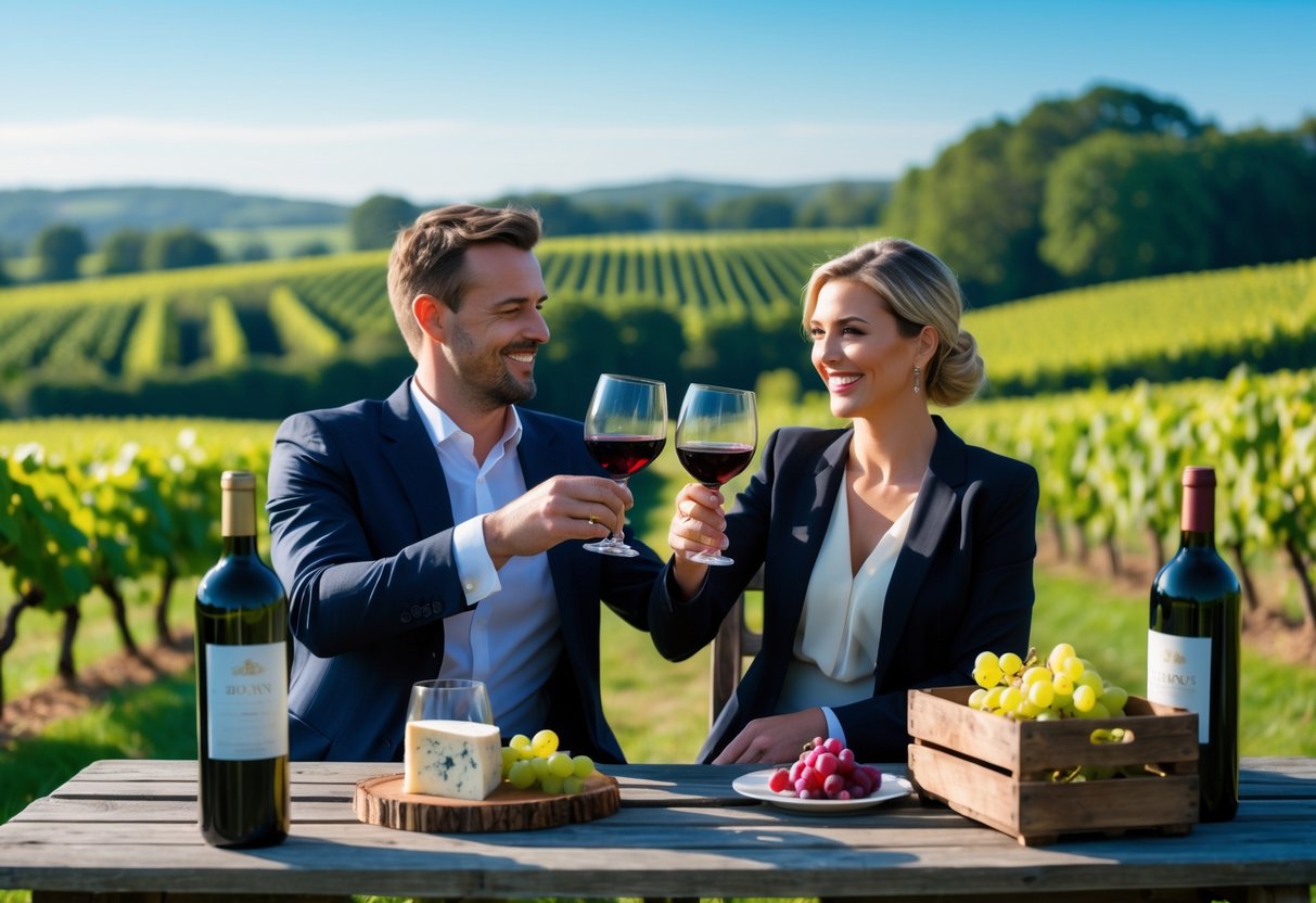 A couple enjoying wine tasting outdoors at a vineyard with green grapevines and rolling hills in the background.