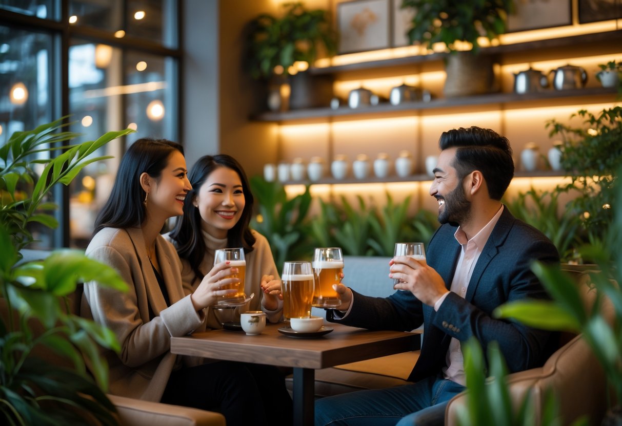 A couple enjoying drinks together at a cozy tea lounge with warm lighting and plants.