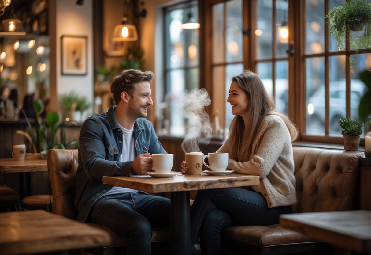 A young couple enjoying coffee together at a cozy cafe table inside The Ginger Fox in Horsham.
