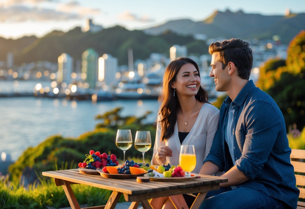 A couple enjoying a picnic date outdoors with a view of Wellington's harbor and city skyline in the background.