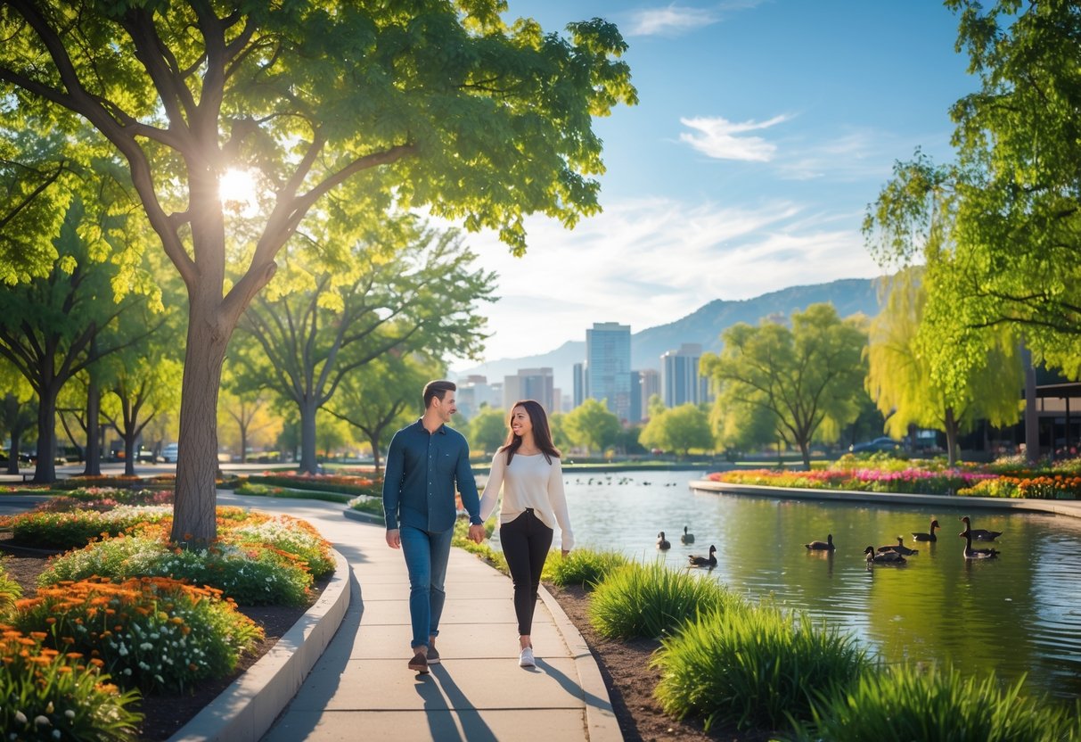 A couple walking hand-in-hand along a path in a green park with trees, flowers, a pond, and mountains in the background.