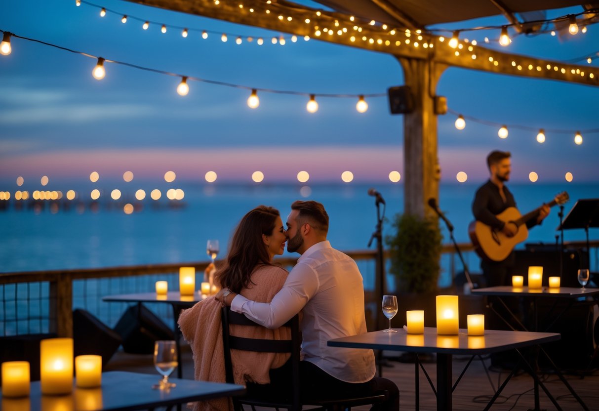 A couple enjoying a candlelit outdoor concert near the seaside with musicians performing on stage and the Brighton Pier in the background at dusk.