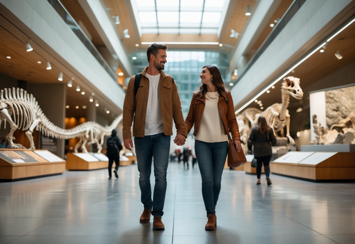A young couple walking hand-in-hand inside a museum gallery with dinosaur skeletons and geological exhibits.
