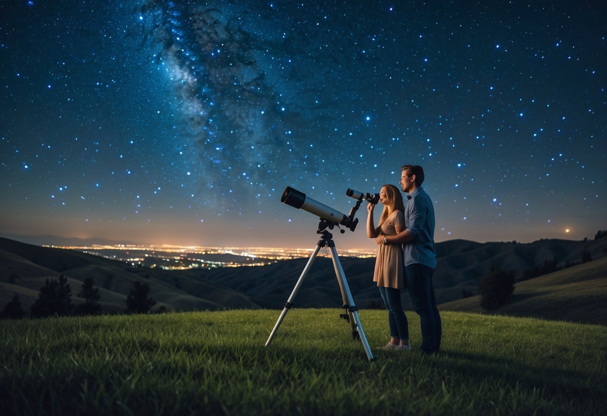 A couple stargazing with a telescope on a grassy hill under a clear night sky filled with stars near a city.