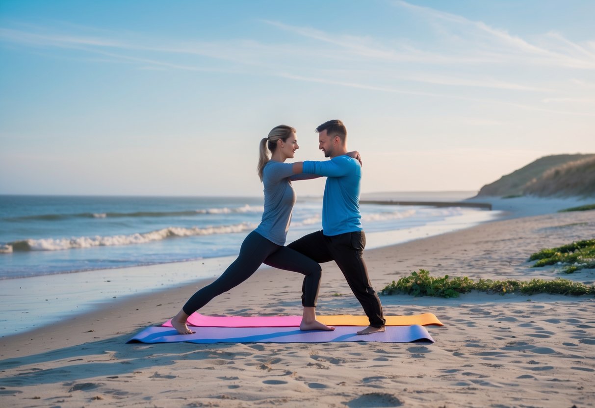 A couple practicing yoga together on mats on a sandy beach near the water at Hove Beach.