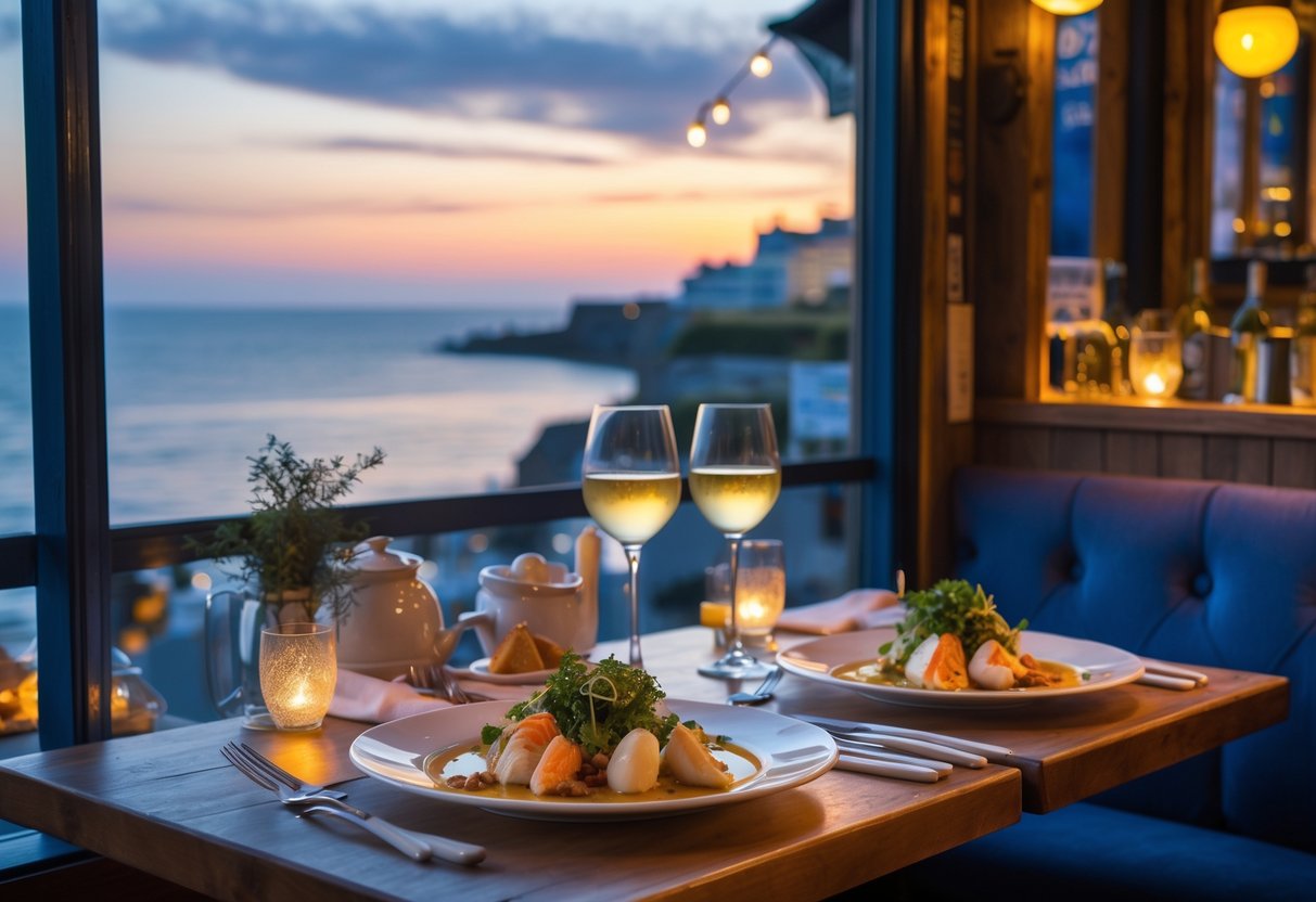A cozy dining table for two with seafood dishes and wine by a window overlooking the sea at sunset.