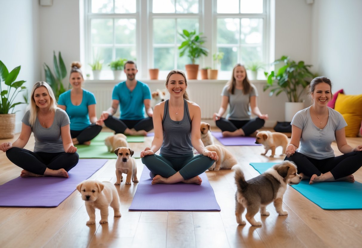 People practicing yoga in a studio with puppies playing around them.