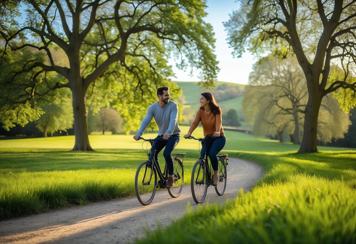 A couple riding bicycles together on a tree-lined path in a green park.