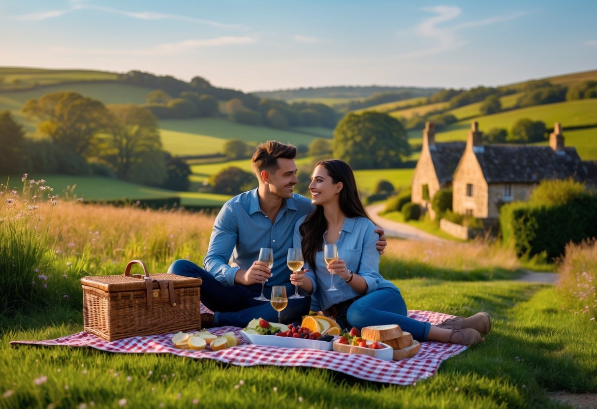 A young couple enjoying a picnic on a blanket outdoors with green hills and a historic stone cottage in the background.