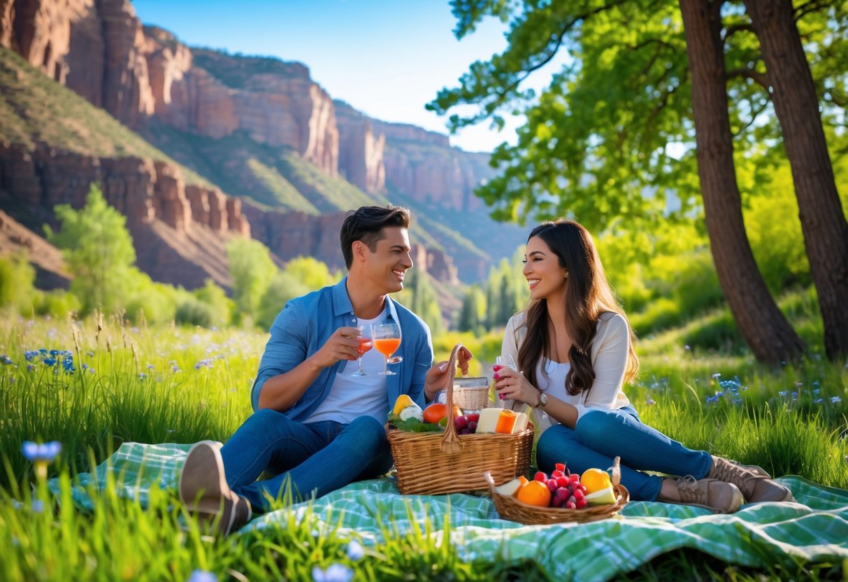 A young couple enjoying a picnic on a blanket in a green canyon with trees and rocky cliffs in the background.