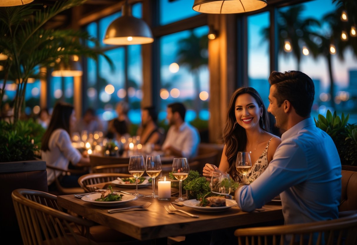 A couple enjoying a romantic dinner at a warmly lit restaurant with wooden tables and ambient lighting.