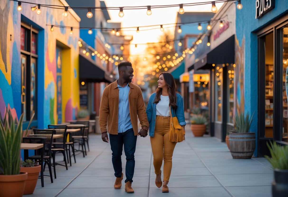 A young couple walking hand-in-hand along a lively street lined with colorful murals and shops in a neighborhood.