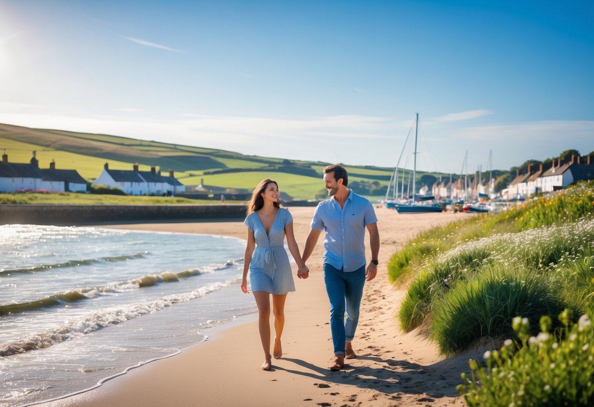 A couple walking hand-in-hand along a sandy beach with green hills and a harbor in the background.