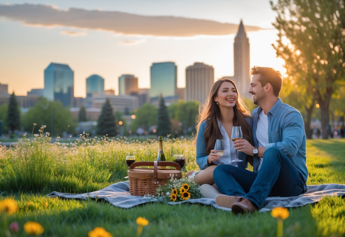 A young couple enjoying a picnic outdoors with Salt Lake City skyline and mountains in the background at sunset.