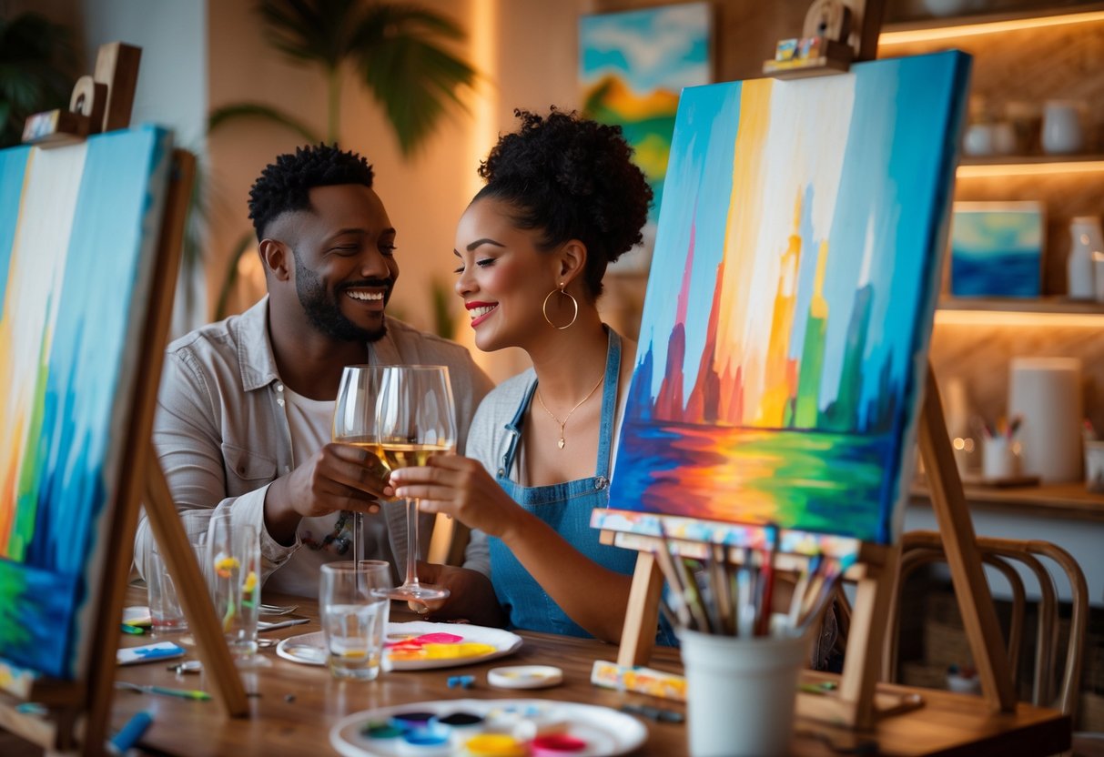 A couple happily painting together at a cozy art studio, surrounded by painting supplies and drinks.