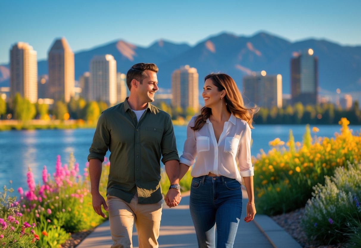 A couple walking hand-in-hand on a path with mountains and a city skyline in the background near a lake.