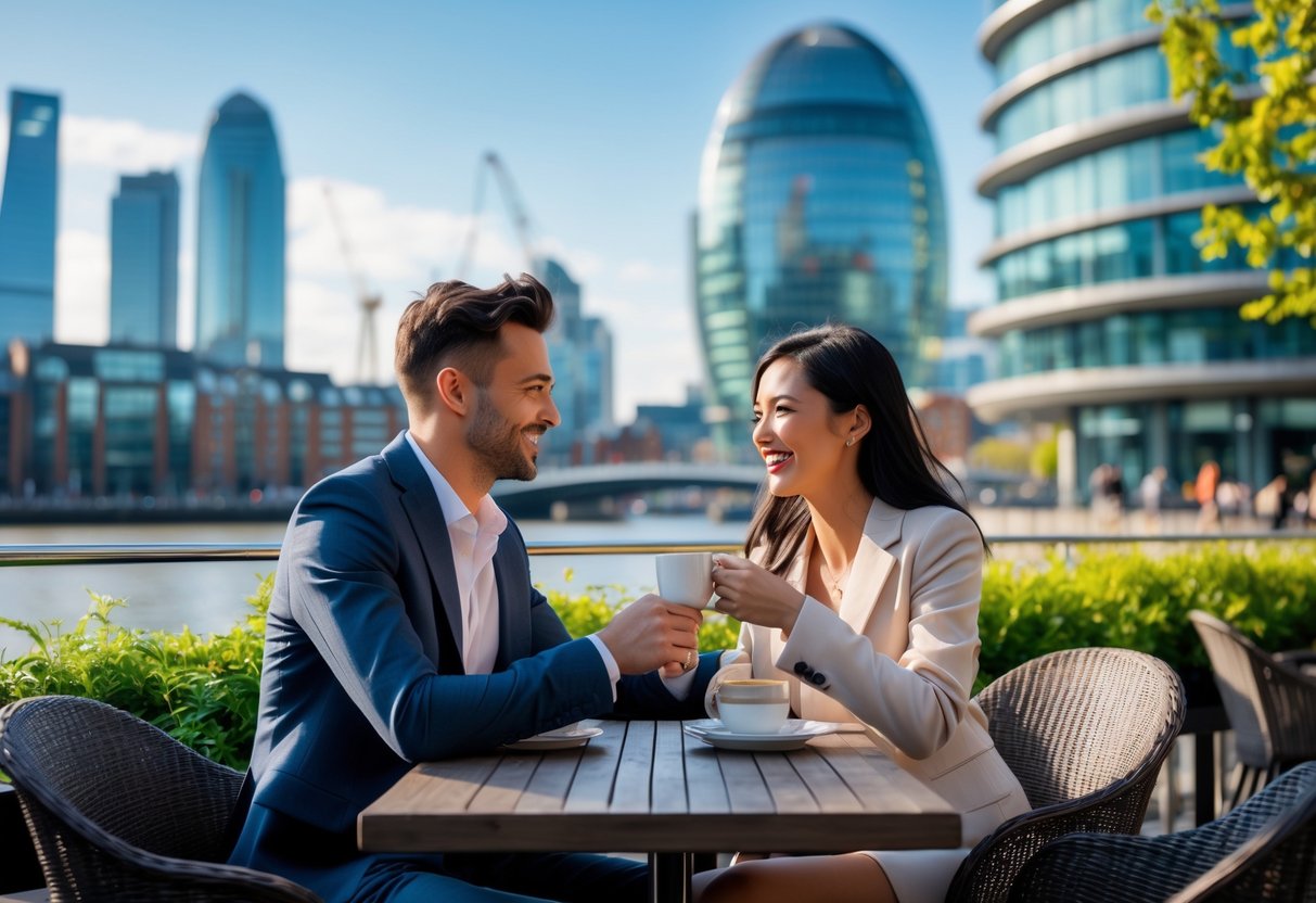 A young couple sitting at an outdoor café by the waterfront in Canary Wharf with modern skyscrapers in the background.