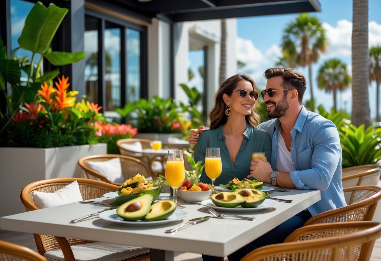 A couple enjoying brunch outdoors at a tropical restaurant with avocado dishes and drinks on the table.