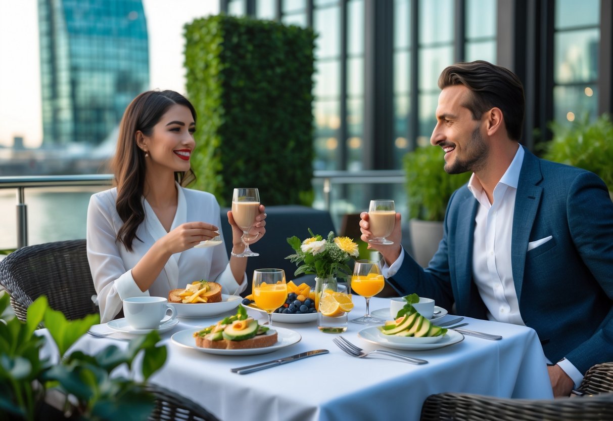 A couple enjoying brunch together at an outdoor table with modern city buildings in the background.