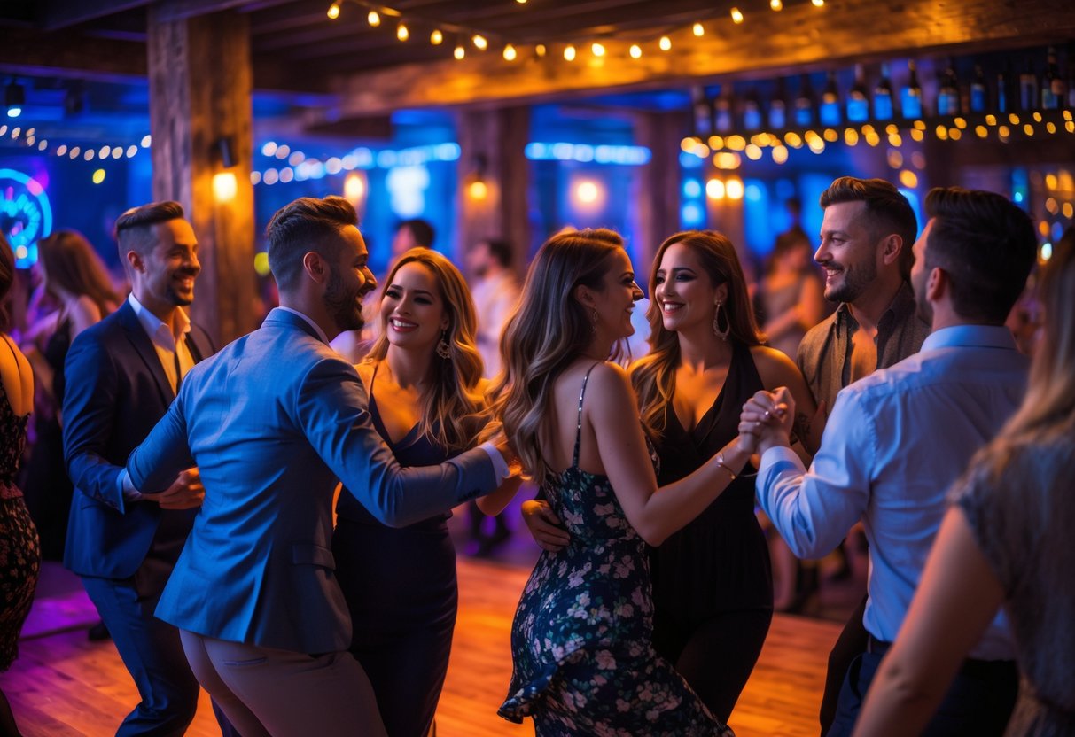 Couples and friends dancing and enjoying a lively night inside a modern gastropub with warm lighting and a festive atmosphere.