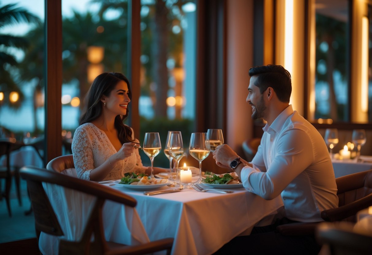 A couple enjoying a romantic dinner at a beautifully set table in a warmly lit restaurant with palm trees visible outside.