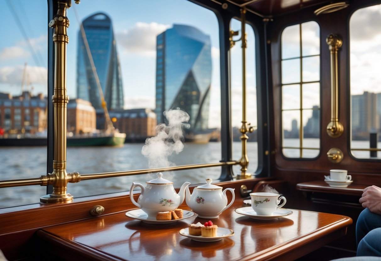 A person enjoying tea on a wooden deck of a historic paddle steamer barge with Canary Wharf skyscrapers visible through large windows.
