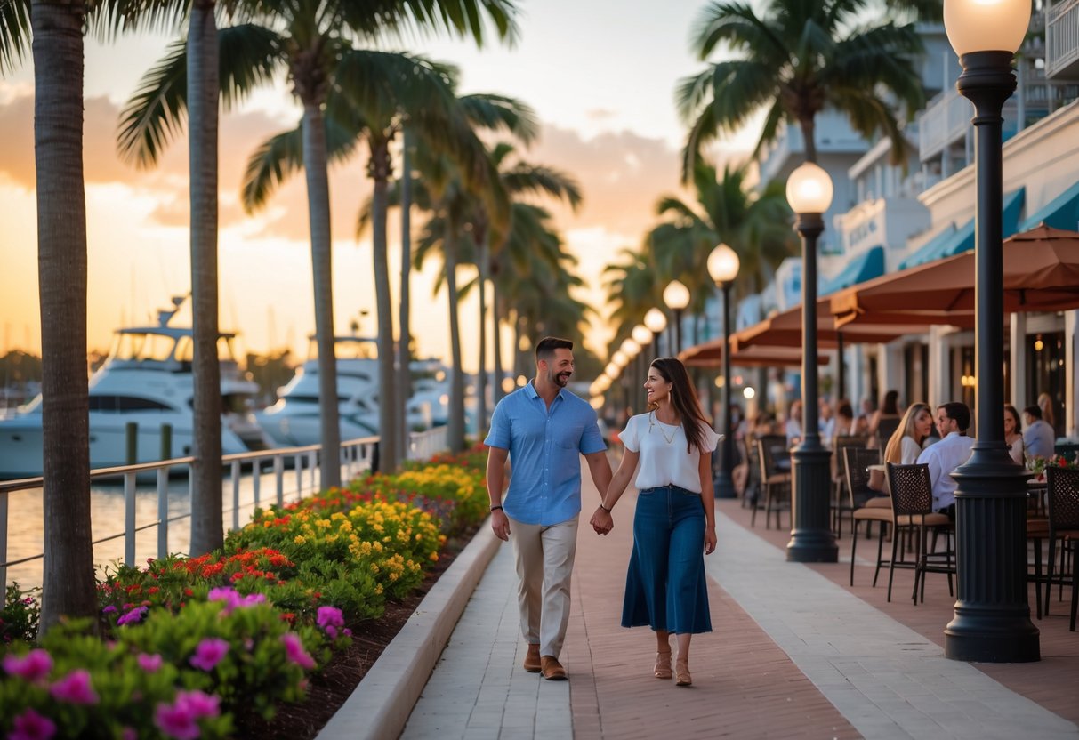 A couple walking hand-in-hand along a palm tree-lined waterfront promenade at sunset with boats and outdoor cafes in the background.