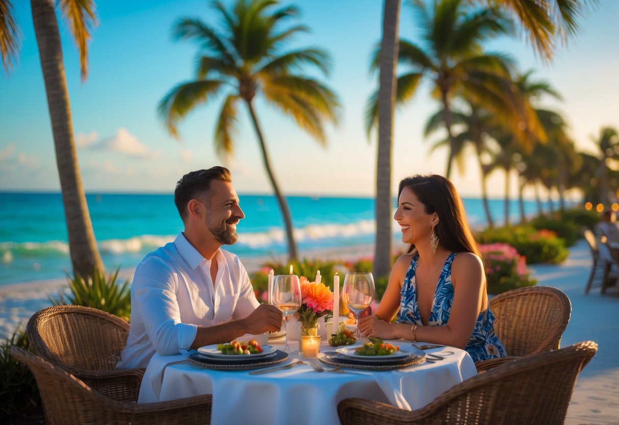 A couple enjoying a romantic dinner at a beachside patio with palm trees and ocean in the background.