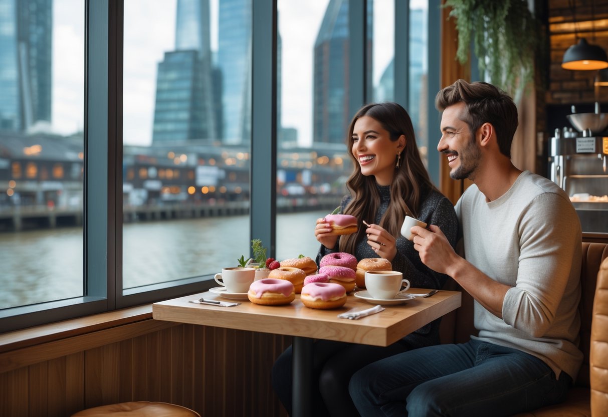 A young couple enjoying doughnuts and coffee together at a café table with large windows showing Canary Wharf buildings in the background.