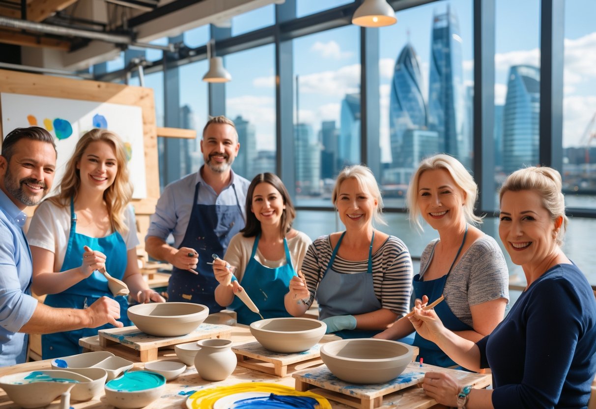 A group of adults creating pottery and painting in a bright studio with city skyscrapers visible through large windows.