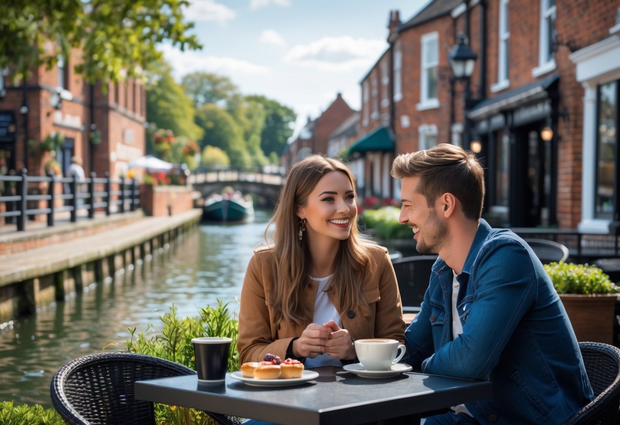 A young couple sitting at an outdoor café in Wigan, smiling and enjoying coffee together near a canal with boats and trees.