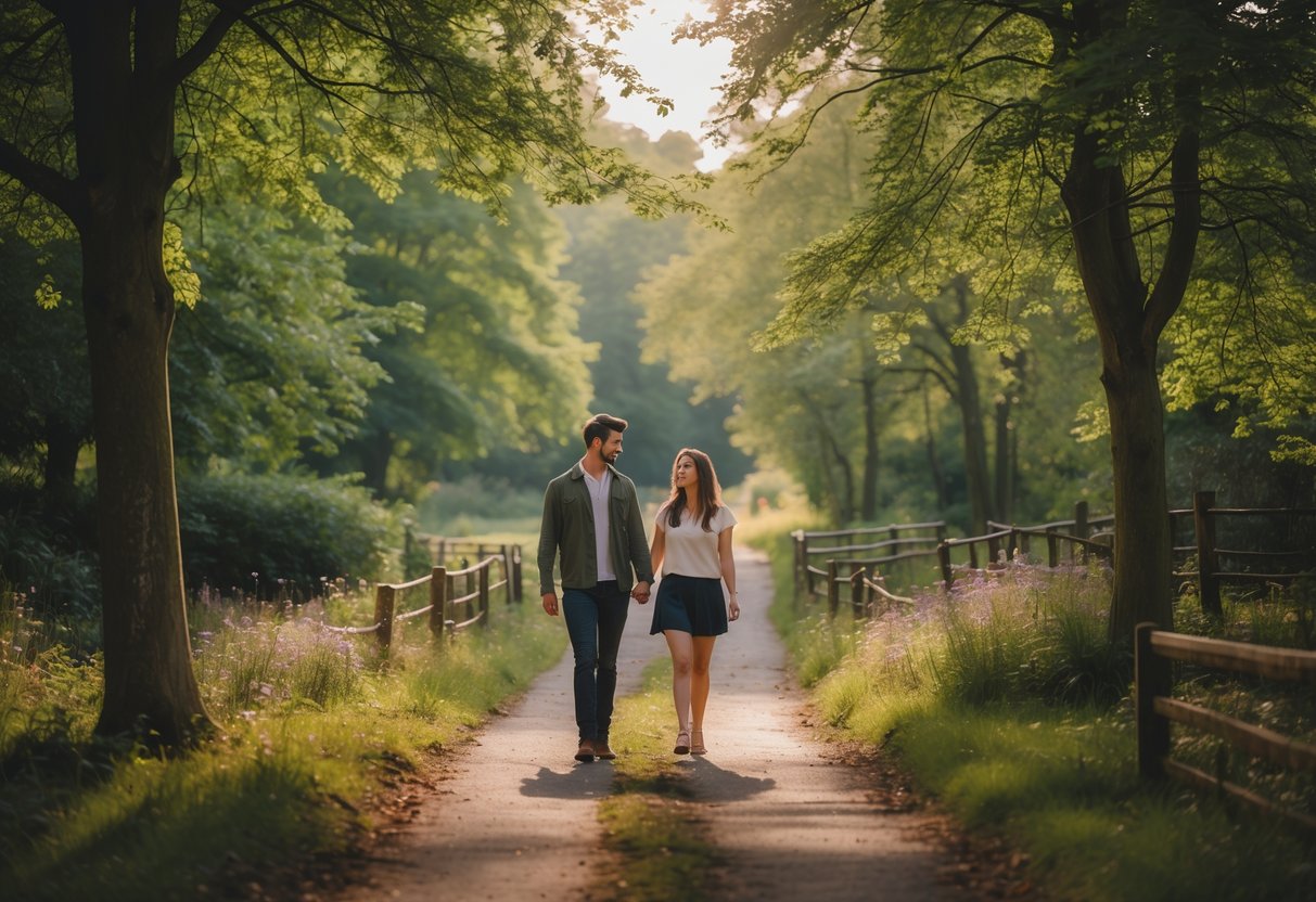 A young couple walking hand in hand along a tree-lined path in a green woodland park.
